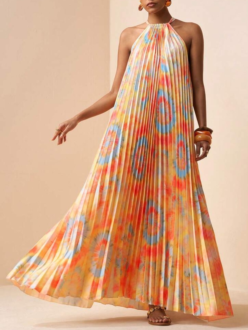 Halter Pleated Maxi Dress in Yellow Tie-Dye